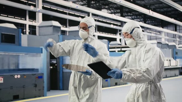 Analyzing delicate electronic component, semiconductor and multiracial technicians in factory cleanroom. Monitoring silicon wafer manufacturing yields, bunny suit and teamworking coworkers, camera B