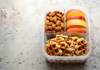 Healthy eating is fun and easy when you pack a school lunch or work snacks ahead of time with almonds, waffles, and sliced apples in a handy plastic container, keeping portions in check