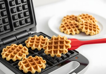 Enjoy freshly prepared waffles straight from the waffle maker, showcasing their golden-brown texture and inviting aroma, accompanied by a plateful of tempting treats, offering a delightful