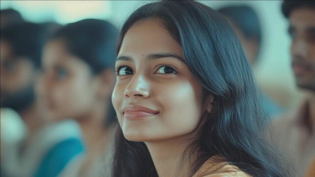 Indian woman with a confident smile looking to the right. She is surrounded by a crowd at an event.