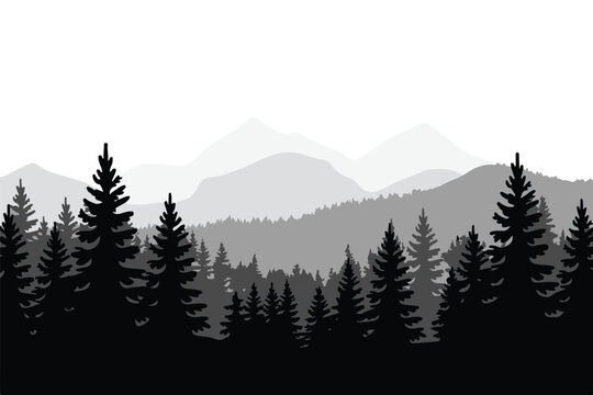 forest landscape with layered mountains monochrome vector composition