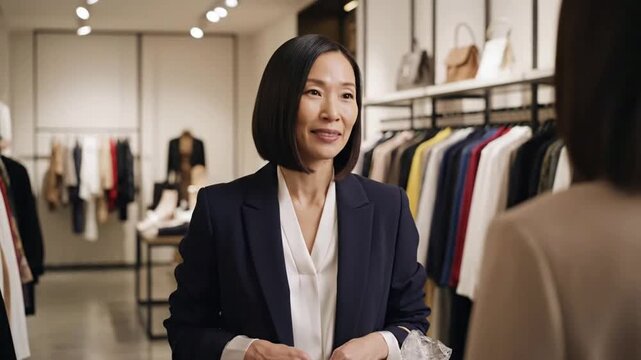 Asian female boutique manager providing expert fashion styling advice to a customer in a modern luxury clothing store interior