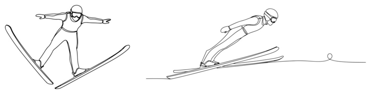 Ski Jumper in Mid-Air Action Continuous One Line Drawing Minimalist Winter Sports Athlete Sketch