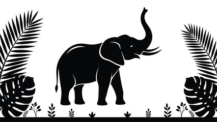 Elephant silhouette illustration with tropical palm leaves frame, black and white wildlife vector design © SK design