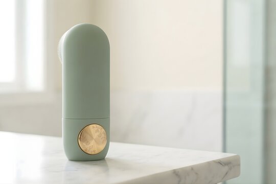 Modern sage green facial cleansing brush with gold button on marble surface