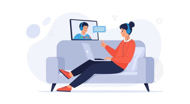 Woman on couch video calling friend with laptop, remote communication concept