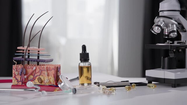 Anatomical hair and scalp model with microscope serum drops capsules and lab equipment for dermatology research and medical training background.