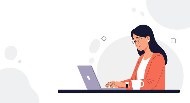 Young woman working on laptop, drinking coffee, modern office, remote work, business woman
