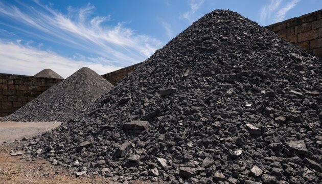 Medium shot capturing large stockpiles of crushed smelter slag ready for reuse emphasizing volume and storage organization in a slag processing yard.