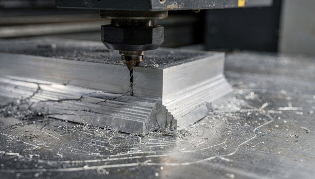 CNC machinery shaping stepped metal corner profiles with accuracy focusing on layered edge details and precise multilevel trim designs in a medium frame.