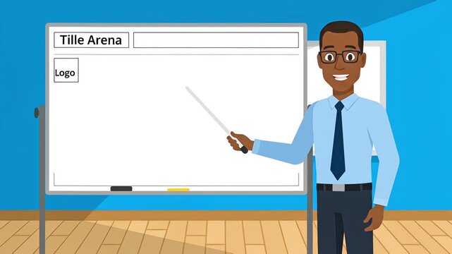 Animated cartoon of an African American businessman presenting at a whiteboard, pointing with a stick, wearing a blue shirt and tie, set in a bright office environment