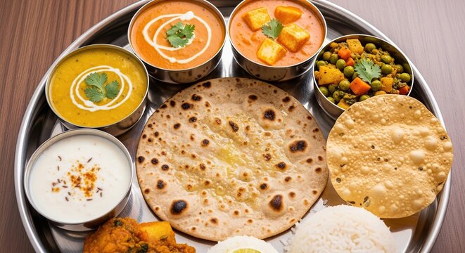 Flat lay of a thali platter small bowls of dal, paneer, sabzi, curd, papad, and rice surrounding a central chapati.-gigapixel
