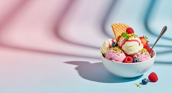 Delicious Ice Cream Sundae with Berries and Wafer, Refreshing Summer Dessert