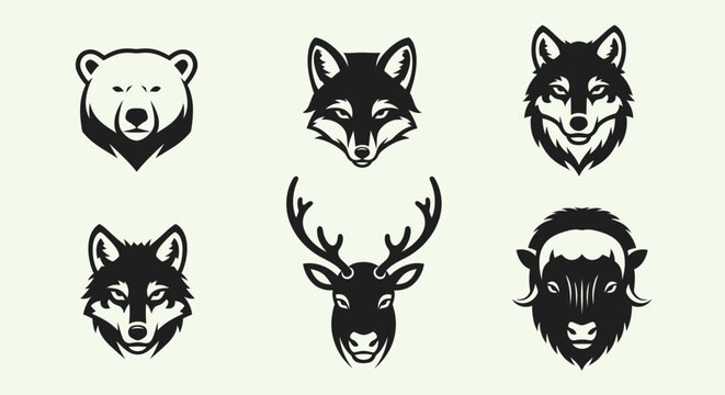 Collection of animal head silhouettes in monochrome icons.