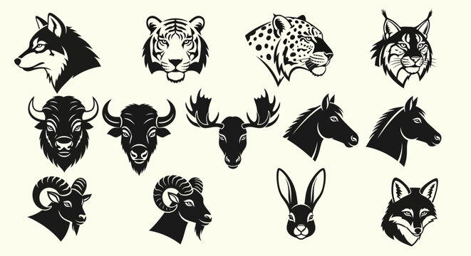 Collection of Animal Head Silhouettes from Various Species.