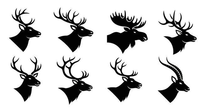 Collection of various deer and antelope head silhouettes with prominent antlers and horns.