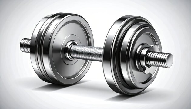 A Detailed Close-Up Shot of a Shiny Metal Dumbbell on a White Background.