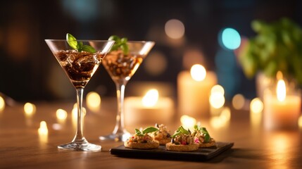 Obraz premium Elegant cocktail bar scene with shimmering drinks and gourmet snacks