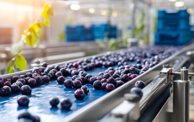 Obraz premium Blueberries Sorting on Conveyor Belt in Food Processing Facility