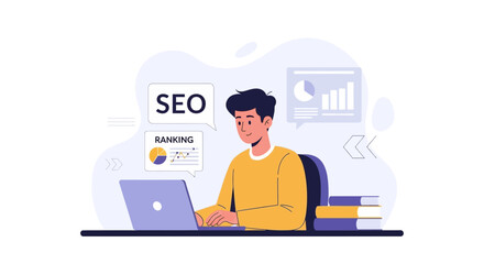 Fototapeta premium Man working on laptop with SEO and ranking charts, digital marketing concept