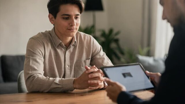 Closeup of a firsttime homebuyer attentively listening during a homebased loan consultation while the agent highlights loan options on a tablet out of focus.