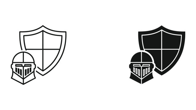 Black and white knight helmet and shield icon set on white background