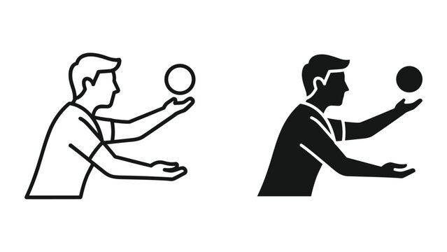 Two men in line art style throwing balls in contrasting black and white