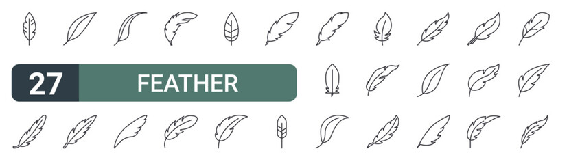 set of 27 thin line feather icons for web, mobile and digital interfaces including feather, feather, and editable stroke vector © XS Works