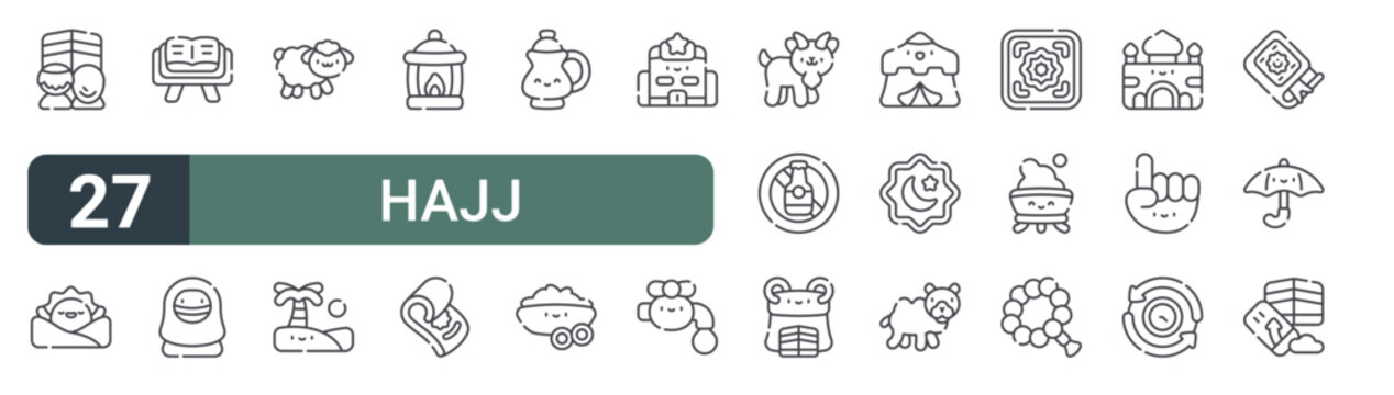 set of 27 thin line hajj icons for web, mobile and digital interfaces including hajj, dawn, koran, woman, sheep, desert, lamp, sajadah and jar. editable stroke vector