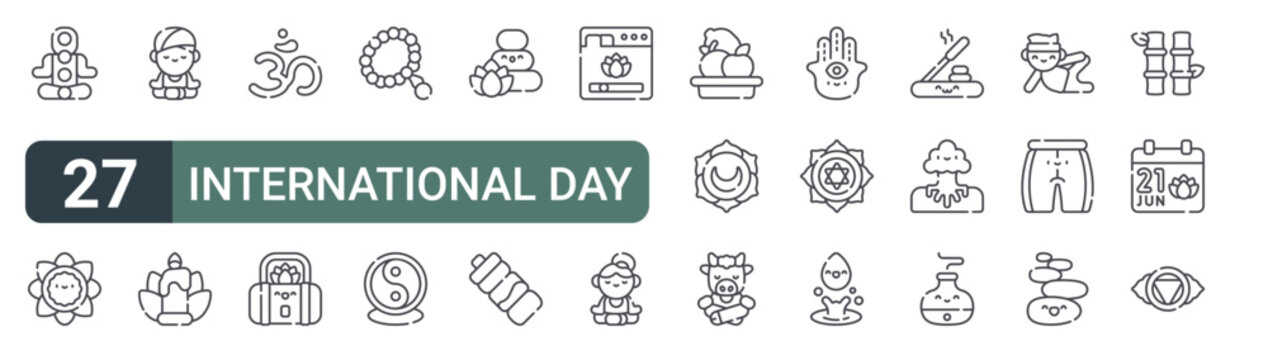 set of 27 thin line international day of icons for web, mobile and digital interfaces including chakras, mandala, guru, candle, om, sport bag, beads, ying yang and hot stones. editable stroke vector