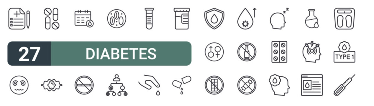 set of 27 thin line diabetes icons for web, mobile and digital interfaces including medical report, dizziness, capsule, blurred, checkup, dont smoke, blood cell, family tree and sample. editable