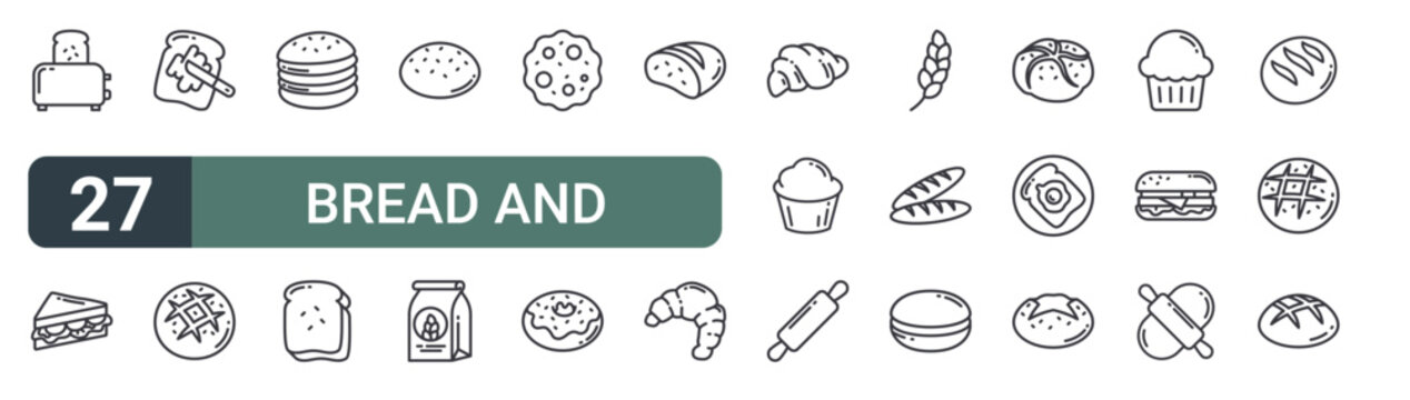 set of 27 thin line bread and bakery icons for web, mobile and digital interfaces including bread, sandwich, breakfast, bread, cookies, cookies, flour and cookies. editable stroke vector