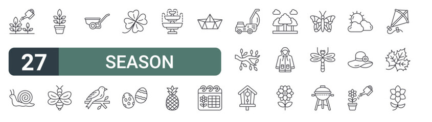 set of 27 thin line season icons for web, mobile and digital interfaces including garden, snail, plant pot, bee, wheelbarrow, bird, clover, easter egg and fountain. editable stroke vector © XS Works