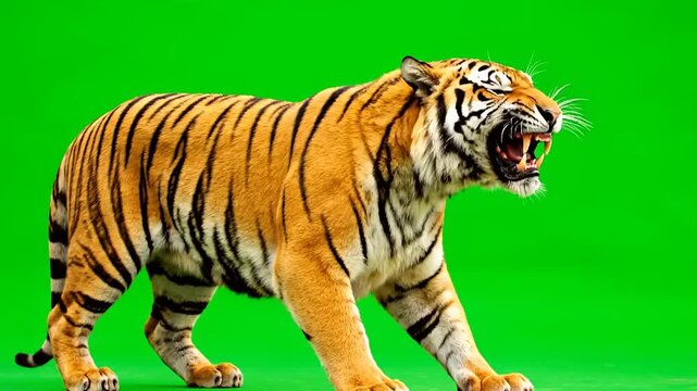 Majestic Bengal tiger roaring with fierce intensity, displaying powerful jaws and sharp fangs against a vibrant green screen, ideal for dynamic wild animal compositions and visual effects