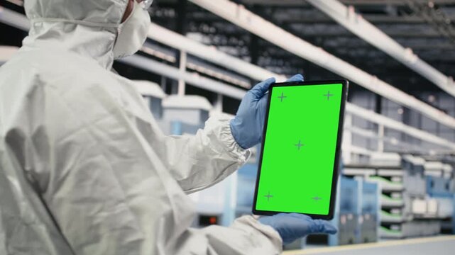 Green screen device used by engineer in semiconductor production plant floor to do maintenance on fab machinery. Expert in safety gear checking PCB parts manufacturing with mockup tablet, camera B