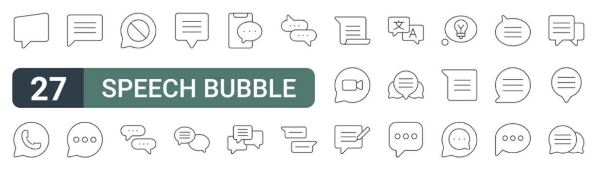 set of 27 thin line speech bubble icons for web, mobile and digital interfaces including chat bubble, chat bubble, chat and editable stroke vector