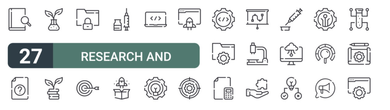 set of 27 thin line research and development icons for web, mobile and digital interfaces including research, question, gmo, investment, confidential data, target, vaccine, product release and