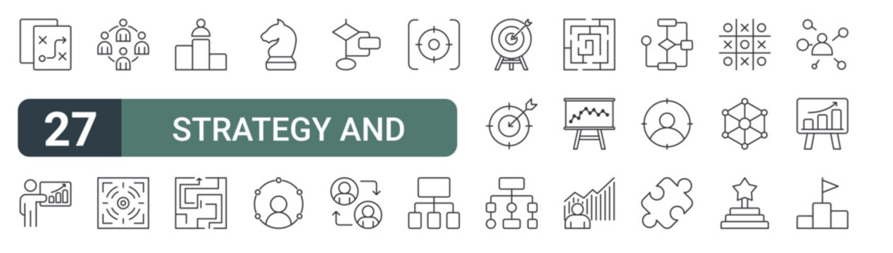 set of 27 thin line strategy and target icons for web, mobile and digital interfaces including strategy, presentation, team, target, rank, maze, chess, target and flow chart. editable stroke vector