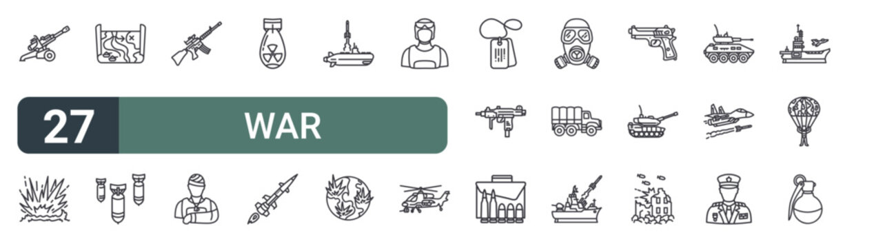 set of 27 thin line war icons for web, mobile and digital interfaces including artillery, explosion, battlefield, nuclear bomb, assault rifle, wounded, nuclear bomb, missile rocket and submarine.