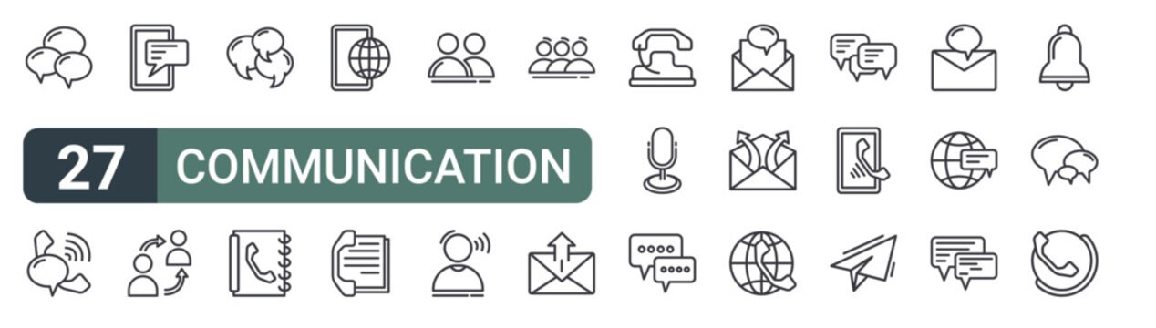 set of 27 thin line communication icons for web, mobile and digital interfaces including chat bubble, calling, mobile message, conversation, chat bubble, contact book, mobile network, phonebook and