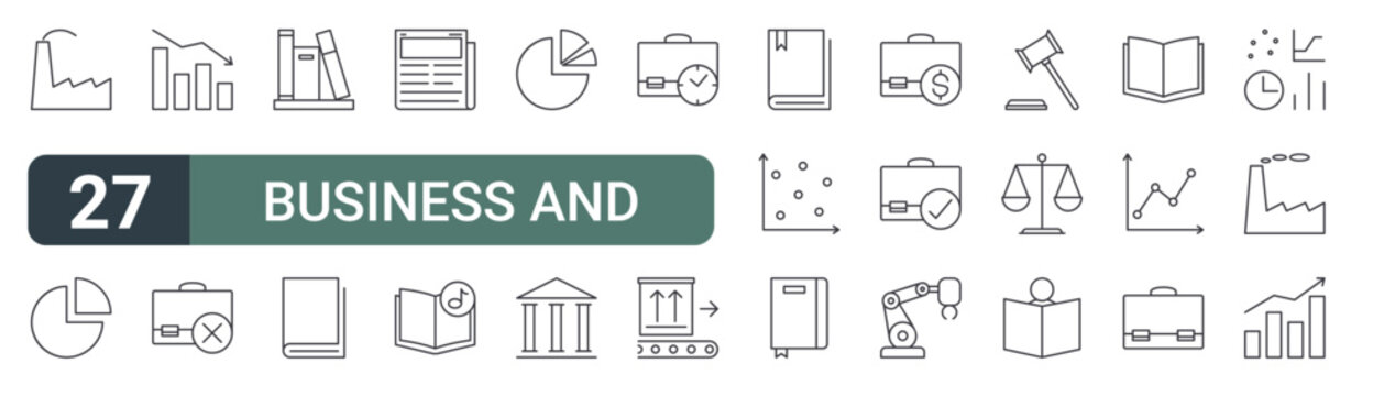 set of 27 thin line business and data icons for web, mobile and digital interfaces including factory, pie chart, chart, briefcases, books, book, newspaper, music book and pie chart. editable stroke