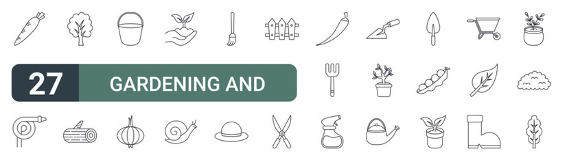 set of 27 thin line gardening and farming icons for web, mobile and digital interfaces including carrot, hose, tree, wood, bucket, onion, seed, snail and broom. editable stroke vector © XS Works