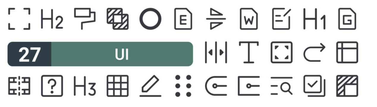 set of 27 thin line ui icons for web, mobile and digital interfaces including full screen, movie, h, help, brush, h, exclude, grid and dot. editable stroke vector