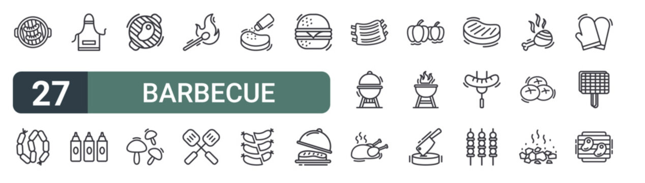 set of 27 thin line barbecue icons for web, mobile and digital interfaces including sausage, sausage, apron, sauce, grill, mushroom, matches, spatula and steak. editable stroke vector
