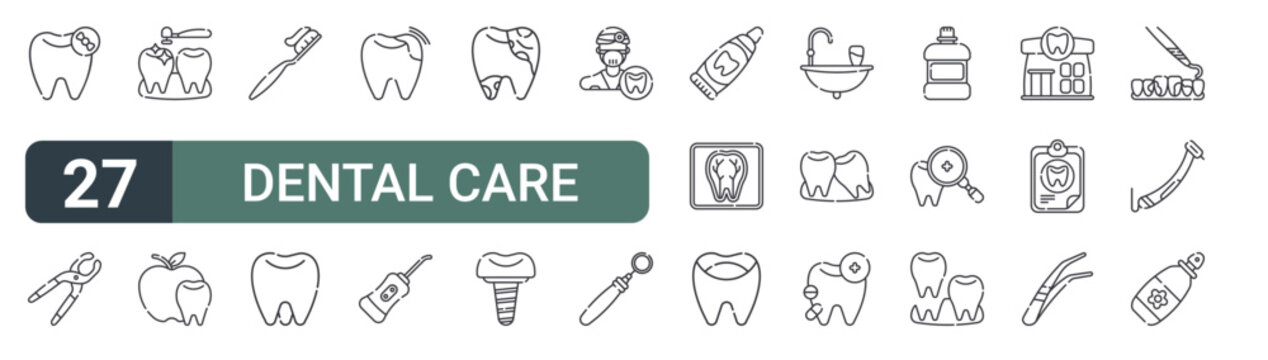 set of 27 thin line dental care icons for web, mobile and digital interfaces including no sweet, forceps, dental cleaning, nutrition, toothbrush, molar, cavity, dental irrigator and infection.