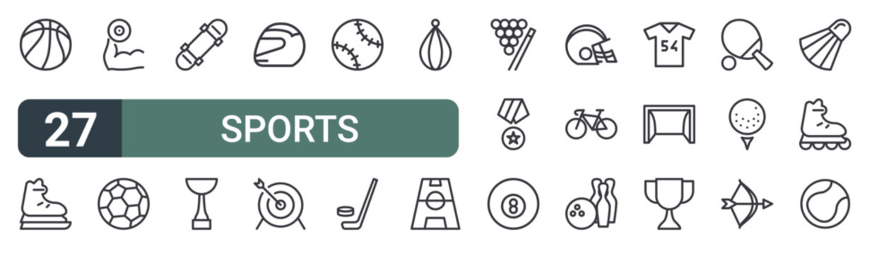 set of 27 thin line sports icons for web, mobile and digital interfaces including basket ball, skate, gym, soccer ball, skate, cup, helmet, archery and baseball. editable stroke vector