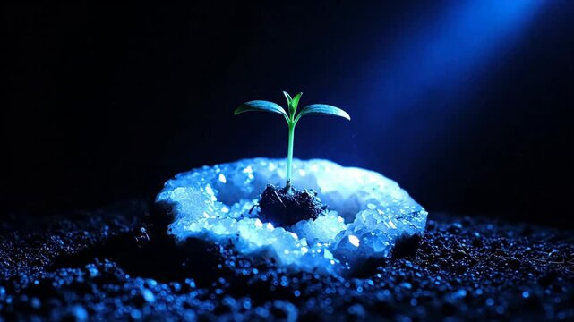Small green sprout growing from glowing crystal geode in dark soil under dramatic blue spotlight symbolizing new life growth