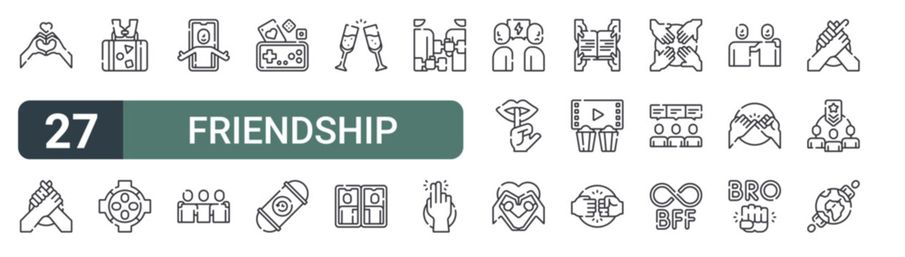 set of 27 thin line friendship icons for web, mobile and digital interfaces including love, bro, travel buddies, circle, virtual hug, three friends, game night, time capsule and toast. editable
