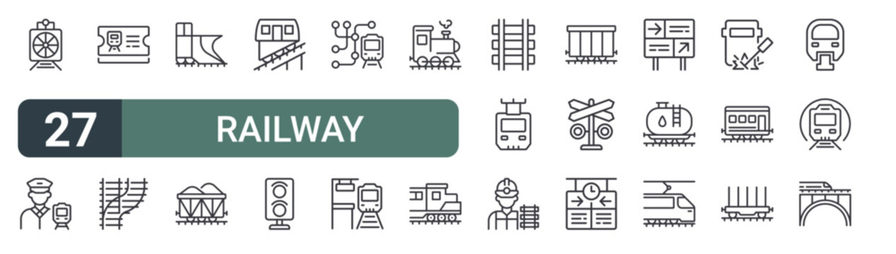 set of 27 thin line railway industry icons for web, mobile and digital interfaces including snow plower, driver, train ticket, switch, snowplow, cargo train, funicular, traffic light and subway map.