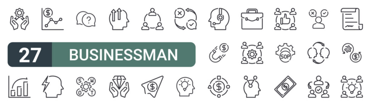 set of 27 thin line businessman icons for web, mobile and digital interfaces including appreciation, financial, analytics, willpower, customer service, swot analysis, brain, ass and coordination.